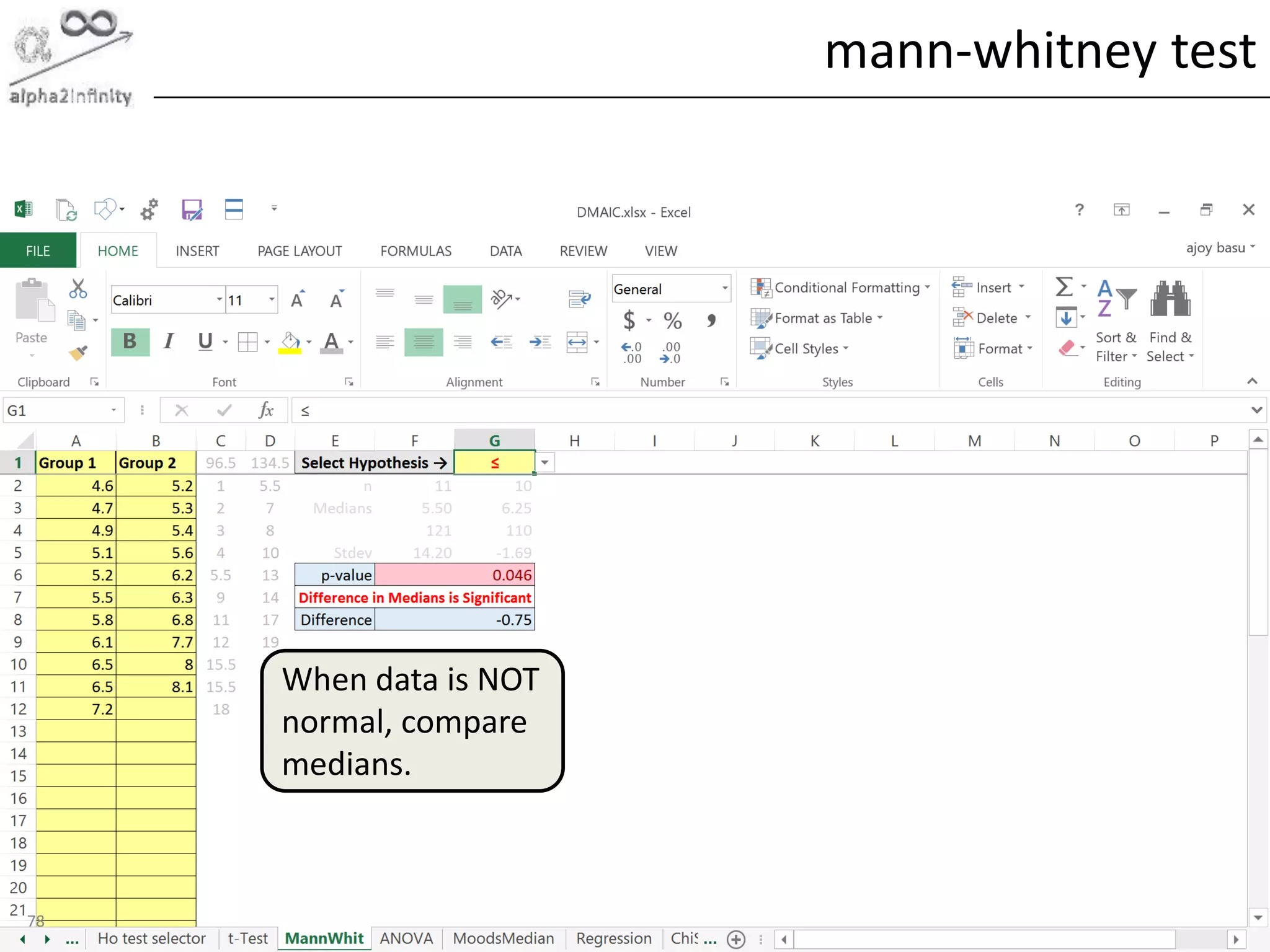 © alpha2infinity
mann-whitney test
78
When data is NOT
normal, compare
medians.
 
