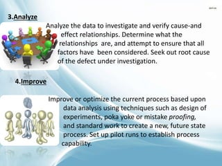 3.Analyze
Analyze the data to investigate and verify cause-and
effect relationships. Determine what the
relationships are, and attempt to ensure that all
factors have been considered. Seek out root cause
of the defect under investigation.
4.Improve
Improve or optimize the current process based upon
data analysis using techniques such as design of
experiments, poka yoke or mistake proofing,
and standard work to create a new, future state
process. Set up pilot runs to establish process
capability.
 