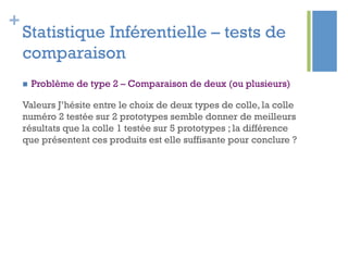 +
Statistique Inférentielle – tests de
comparaison
n  Problème de type 2 – Comparaison de deux (ou plusieurs)
Valeurs J’hésite entre le choix de deux types de colle, la colle
numéro 2 testée sur 2 prototypes semble donner de meilleurs
résultats que la colle 1 testée sur 5 prototypes ; la différence
que présentent ces produits est elle suffisante pour conclure ?
 