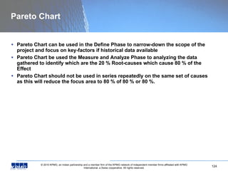 Pareto Chart Pareto Chart can be used in the Define Phase to narrow-down the scope of the project and focus on key-factors if historical data available Pareto Chart be used the Measure and Analyze Phase to analyzing the data gathered to identify which are the 20 % Root-causes which cause 80 % of the Effect Pareto Chart should not be used in series repeatedly on the same set of causes as this will reduce the focus area to 80 % of 80 % or 80 %. 