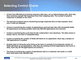 Selecting Control Charts A team from Marketing is tracking response rates (yes, no) on telemarketing calls. Each day they randomly sample 100 responses from their outgoing calls. The number of positive responses is plotted on the chart. The technical support area is monitoring average response time on help requests. Each hour 5 calls are sampled. A team is monitoring the number of applications received each day with incomplete fields. All applications are being audited. Each day 200-250 applications are received. A team is monitoring the cycle time for the underwriters’ loan decisions. The data comes in slowly; that is, one loan is completed daily. A team is tracking the number of fields left blank on an application. Each day a sample of 100 applications is audited. Another team is doing the same thing as the team in example 5 (counting the number of fields left blank on an application), only they are looking at all the applications that come in daily. Each day 50-100 applications are turned in. The team is tracking the number of abandoned calls to a customer call center in a shift. Each shift takes from 200-400 calls. 