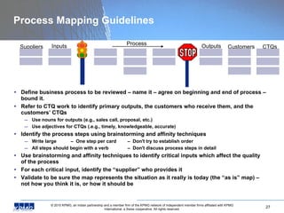 Process Mapping Guidelines Define business process to be reviewed – name it – agree on beginning and end of process – bound it. Refer to CTQ work to identify primary outputs, the customers who receive them, and the customers’ CTQs Use nouns for outputs (e.g., sales call, proposal, etc.) Use adjectives for CTQs (.e.g., timely, knowledgeable, accurate) Identify the process steps using brainstorming and affinity techniques Write large  –  One step per card –  Don't try to establish order  All steps should begin with a verb  –  Don't discuss process steps in detail Use brainstorming and affinity techniques to identify critical inputs which affect the quality of the process For each critical input, identify the “supplier” who provides it Validate to be sure the map represents the situation as it really is today (the “as is” map) – not how you think it is, or how it should be Suppliers Customers Inputs Outputs CTQs Process 