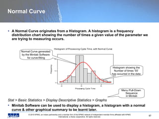 Normal Curve A Normal Curve originates from a Histogram. A histogram is a frequency distribution chart showing the number of times a given value of the parameter we are trying to measuring occurs. Stat > Basic Statistics > Display Descriptive Statistics > Graphs Minitab Software can be used to display a histogram, a histogram with a normal curve & other graphical summary to be learnt later. Histogram showing the  Number of times ‘55’  has occurred in the data  Normal Curve generated  by the Minitab Software  for curve-fitting Menu Pull-Down  Sequence in Minitab  