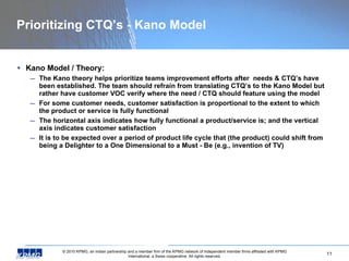 Prioritizing CTQ’s - Kano Model <ul><li>Kano Model / Theory: </li></ul><ul><ul><li>The Kano theory helps prioritize teams ...