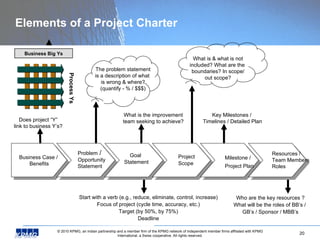 Elements of a Project Charter Business Case /  Benefits Problem  /  Opportunity Statement Goal   Statement Project   Scope...