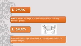 1. DMAIC
DMAIC is used for projects aimed at improving an existing
business process.
2. DMADV
DMADV is used for projects aimed at creating new product or
process designs.
 