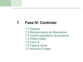 11
7. Fase IV: Controlar
7.1 Objetivo
7.2 Mantenimiento de Resultados.
7.3 Control estadístico de procesos
7.4 POKA YOKE
7.5 Las 5 S
7.6 Fabrica visual
7.7 Acciones Finales
 