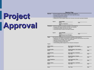 Project
                                                      Signature Page:
           Sponsor:    I commit to support the successful completion of this project by:
                       • Ensuring that the project is aligned with overall organization goals
                       • Providing personnel and resources
                       • Removing roadblocks and barriers
                       • Allotting time to hear progress reports from the team and provide meaningful feedback




Approval
                       Signed:       Imelda Salas
                                     Name                                              Date
                                     Director of Operations
                                     Title
           Champion: I commit to support the successful completion of this project by:
                     • Arranging Lean Sigma training for the team, as necessary
                     • Coordinating available resources and support
                     • Conducting frequent reviews of the team's progress


                       Signed:         Javier Estrada
                                       Name                                            Date
                                       Engineering and Lean Manager
                                       Title
           Team:       We commit to contributing to the successful completion of this project by:
                       • Applying the Lean Sigma methodology to make sustainable improvements to key metrics
                       • Contributing our knowledge, ideas, and experiences
                       • Attending scheduled meetings and events
                       • Completing all assigned action items
                       • Communicating project progress to the Champion and Sponsor
           Signed:

           Gladys Quiroz                                      Mfg. Engineer / Floor Support
           Name                                               Title / Role                                  Date

           Eusebia cedillo                                    Quality Engineer / Floor Support
           Name                                               Title / Role                                  Date

           Jorge Sanchez                                      Gral. Supervisor / Prodcution
           Name                                               Title / Role                                  Date

           Alejandro Perez                                    Project Engineer / Projects
           Name                                               Title / Role                                  Date

           Jorge Castellanos                                  Lean Department / Plant
           Name                                               Title / Role                                  Date

           Ramon Garcia                                       Gral. Supervisor / Tool Room
           Name                                               Title / Role                                  Date


           Name                                               Title / Role                                  Date
 
