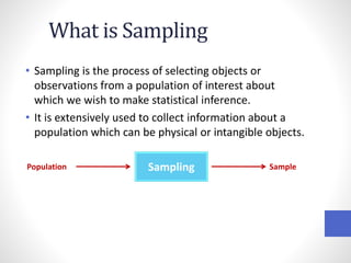 What is Sampling
• Sampling is the process of selecting objects or
observations from a population of interest about
which we wish to make statistical inference.
• It is extensively used to collect information about a
population which can be physical or intangible objects.
SamplingPopulation Sample
 