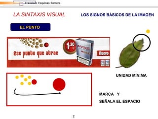 2
LA SINTAXIS VISUAL LOS SIGNOS BÁSICOS DE LA IMAGEN
EL PUNTO
MARCA Y
SEÑALA EL ESPACIO
UNIDAD MÍNIMA
 