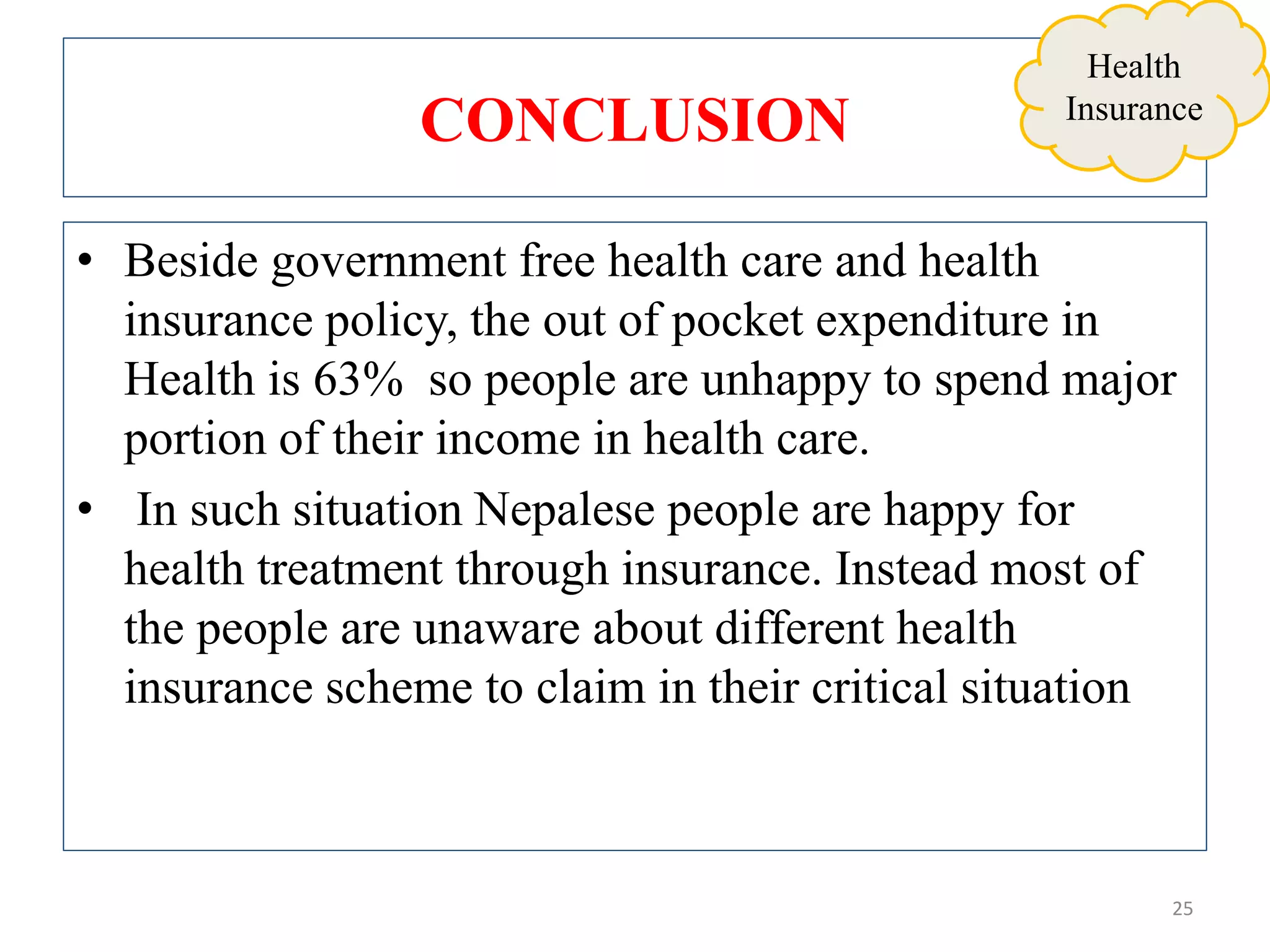 CONCLUSION
• Beside government free health care and health
insurance policy, the out of pocket expenditure in
Health is 63% so people are unhappy to spend major
portion of their income in health care.
• In such situation Nepalese people are happy for
health treatment through insurance. Instead most of
the people are unaware about different health
insurance scheme to claim in their critical situation
25
Health
Insurance
 