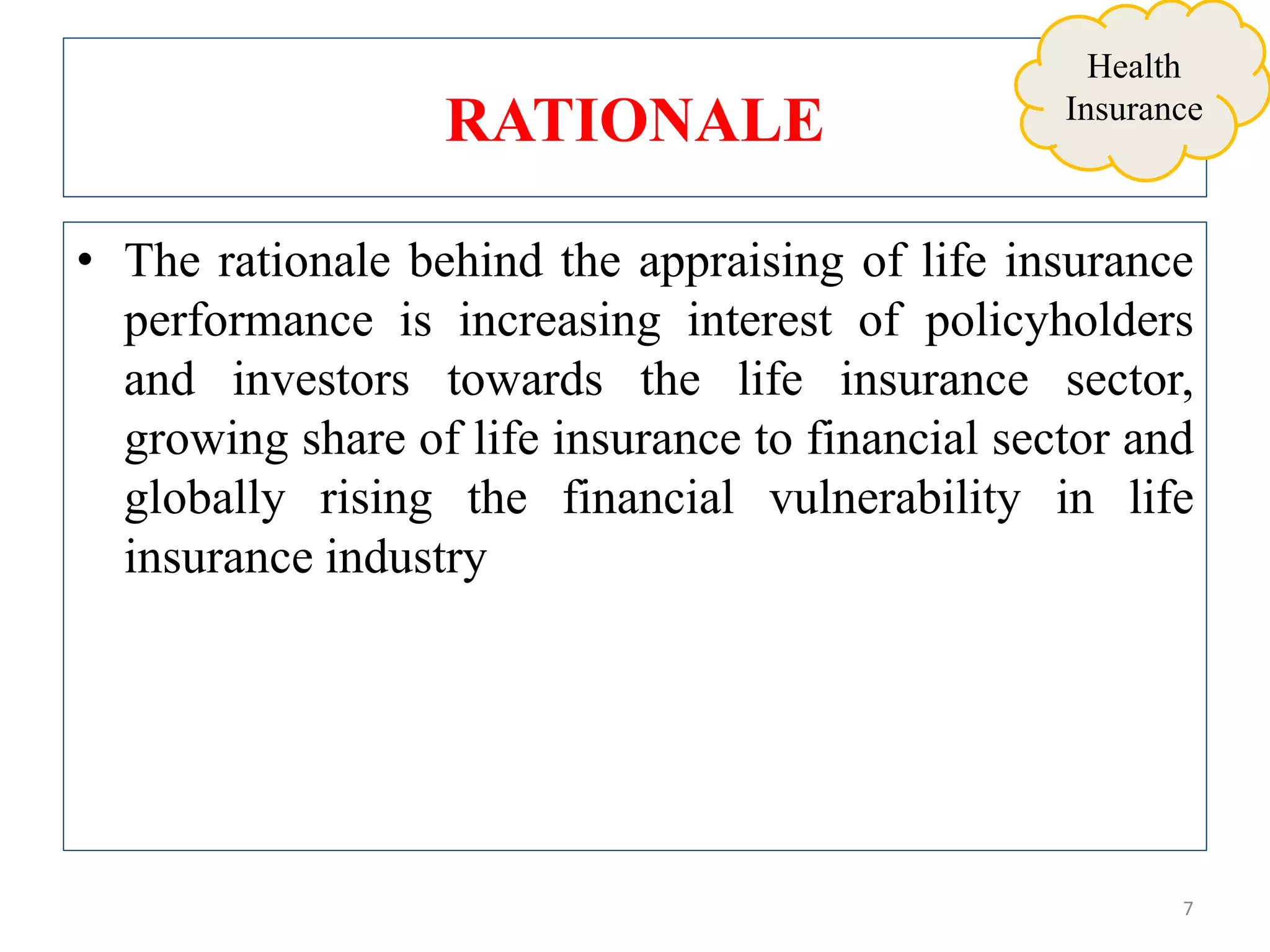 RATIONALE
• The rationale behind the appraising of life insurance
performance is increasing interest of policyholders
and investors towards the life insurance sector,
growing share of life insurance to financial sector and
globally rising the financial vulnerability in life
insurance industry
7
Health
Insurance
 