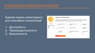 КОМПЛЕКСНЫЙ МОНИТОРИНГ
Единая панель мониторинга
для ключевых показателей
1.  Доступность
2.  Производительность
3.  Безопасность
 