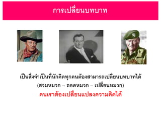 เป็นสิ่งจาเป็นที่นักคิดทุกคนต้องสามารถเปลี่ยนบทบาทได้
(สวมหมวก – ถอดหมวก – เปลี่ยนหมวก)
คนเราต้องเปลี่ยนแปลงความคิดได้
การเปลี่ยนบทบาท
 