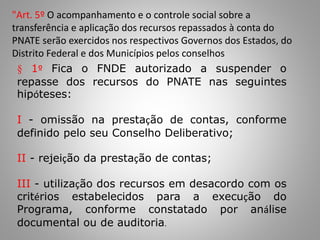 § 1º Fica o FNDE autorizado a suspender o
repasse dos recursos do PNATE nas seguintes
hipóteses:
I - omissão na prestação de contas, conforme
definido pelo seu Conselho Deliberativo;
II - rejeição da prestação de contas;
III - utilização dos recursos em desacordo com os
critérios estabelecidos para a execução do
Programa, conforme constatado por análise
documental ou de auditoria.
"Art. 5º O acompanhamento e o controle social sobre a
transferência e aplicação dos recursos repassados à conta do
PNATE serão exercidos nos respectivos Governos dos Estados, do
Distrito Federal e dos Municípios pelos conselhos
 