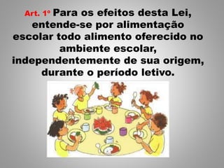 Art. 1º Para os efeitos desta Lei,
entende-se por alimentação
escolar todo alimento oferecido no
ambiente escolar,
independentemente de sua origem,
durante o período letivo.
 