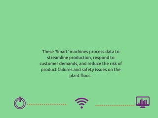 These 'Smart' machines process data to
streamline production, respond to
customer demands, and reduce the risk of
product failures and safety issues on the
plant floor.
 