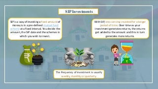 SIP Investments
The frequency of investment is usually
weekly, monthly or quarterly.
SIP is a way of investing a fixed amount of
money is in a pre-defined mutual fund
scheme at a fixed interval. You decide the
amount, the SIP date and the schemes in
which you wish to invest.
With SIP, one can stay invested for a longer
period of time. Over time as your
investment generates returns, the returns
get added to the amount and this in turn
generates more returns.
 