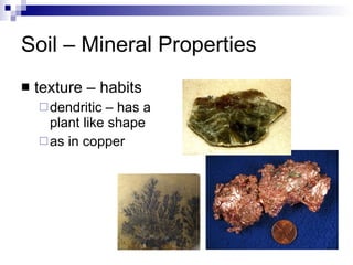 Soil – Mineral Properties texture – habits dendritic – has a plant like shape as in copper 