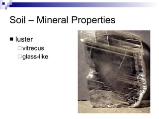Soil – Mineral Properties luster vitreous  glass-like 