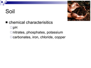 Soil chemical characterisitics pH nitrates, phosphates, potassium carbonates, iron, chloride, copper 