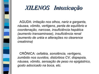 XXIILLEENNOOSS IInnttooxxiiccaaççããoo 
 AGUDA: irritação nos olhos, nariz e garganta, 
náusea, vômito, vertigens, perda de equilíbrio e 
coordenação, narcose, insuficiência hepática 
(aumento transaminase), insuficiência renal 
(aumento de uréia e alterações no clearence 
creatinina) 
 CRÔNICA: cefaléia, sonolência, vertigens, 
zumbido nos ouvidos, distúrbios CV, dispepsia, 
náusea, vômito, sensação de peso no epigástrico, 
gosto adocicado na boca, etc. 
 