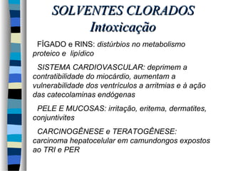 SSOOLLVVEENNTTEESS CCLLOORRAADDOOSS 
IInnttooxxiiccaaççããoo 
 FÍGADO e RINS: distúrbios no metabolismo 
proteico e lipídico 
 SISTEMA CARDIOVASCULAR: deprimem a 
contratibilidade do miocárdio, aumentam a 
vulnerabilidade dos ventrículos a arritmias e à ação 
das catecolaminas endógenas 
 PELE E MUCOSAS: irritação, eritema, dermatites, 
conjuntivites 
 CARCINOGÊNESE e TERATOGÊNESE: 
carcinoma hepatocelular em camundongos expostos 
ao TRI e PER 
 