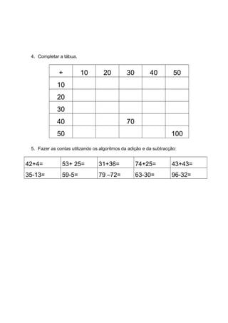 4. Completar a tábua.
+ 10 20 30 40 50
10
20
30
40 70
50 100
5. Fazer as contas utilizando os algoritmos da adição e da subtracção:
42+4= 53+ 25= 31+36= 74+25= 43+43=
35-13= 59-5= 79 –72= 63-30= 96-32=
 
