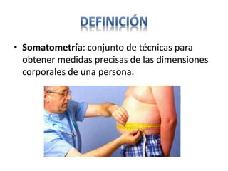 • Somatometría: conjunto de técnicas para
obtener medidas precisas de las dimensiones
corporales de una persona.
 