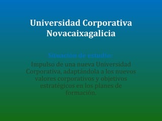 Universidad Corporativa Novacaixagalicia Situación de estudio:  Impulso de una nueva Universidad Corporativa, adaptándola a los nuevos valores corporativos y objetivos estratégicos en los planes de formación. 