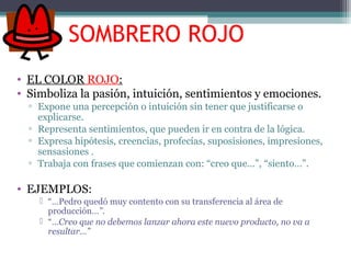 SOMBRERO ROJO
• EL COLOR ROJO:
• Simboliza la pasión, intuición, sentimientos y emociones.
▫ Expone una percepción o intuición sin tener que justificarse o
explicarse.
▫ Representa sentimientos, que pueden ir en contra de la lógica.
▫ Expresa hipótesis, creencias, profecías, suposisiones, impresiones,
sensasiones .
▫ Trabaja con frases que comienzan con: “creo que…”, “siento…”.
• EJEMPLOS:
 “…Pedro quedó muy contento con su transferencia al área de
producción…”.
 “…Creo que no debemos lanzar ahora este nuevo producto, no va a
resultar…”
 