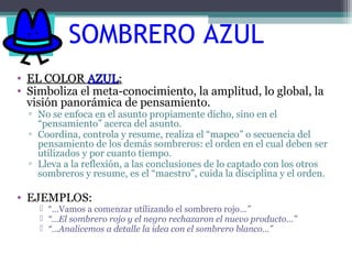 SOMBRERO AZUL
• EL COLOREL COLOR AZULAZUL::
• Simboliza el meta-conocimiento, la amplitud, lo global, la
visión panorámica de pensamiento.
▫ No se enfoca en el asunto propiamente dicho, sino en el
“pensamiento” acerca del asunto.
▫ Coordina, controla y resume, realiza el “mapeo” o secuencia del
pensamiento de los demás sombreros: el orden en el cual deben ser
utilizados y por cuanto tiempo.
▫ Lleva a la reflexión, a las conclusiones de lo captado con los otros
sombreros y resume, es el “maestro”, cuida la disciplina y el orden.
• EJEMPLOS:
 “…Vamos a comenzar utilizando el sombrero rojo…”
 “…El sombrero rojo y el negro rechazaron el nuevo producto…”
 “…Analicemos a detalle la idea con el sombrero blanco…”
 