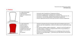 Técnica de los seis sombreros de E. de Bono 
CEIP Mediterráneo 
3.- Práctica: 
1. ¿Qué información 
necesitaríamos 
sobre las Competencias 
Clave? 
- Formación sobre Competencias: fundamentos teóricos. 
- Formación en programación y evaluación por competencias. 
- Formación en Metodologías : Aprendizaje por proyectos, elaboración de UDI….. 
- Formación en recursos que posibiliten el aprendizaje competencial. 
- Conocer experiencias de otros centros que funcionen de forma competencial. 
2. ¿Qué sensaciones 
tenemos ante el 
reto que supone la 
incorporación de las 
Competencias Clave a los 
diseños y que supondrá 
para 
los centros? 
- Tenemos la sensación de que es necesaria este tipo de enseñanza para que los 
alumnos sean más competentes, no sòlo en lo teórico sino en la práctica de la vida 
diaria. 
- Nos sentimos perdidos,inseguros,impotentes…, porque no nos han formado. Se 
nos exige empezar a trabajar en competencias de manera muy precipitada, sin 
tener herramientas ni conceptos. 
- Estamos en un momento de descontento con la realidad que vivimos (recortes, 
aumento de ratios,desprestigio…) y pensamos que todo esfuerzo recae siempre 
sobre nosotros. 
 