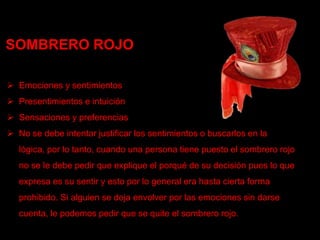 SOMBRERO ROJO

 Emociones y sentimientos
 Presentimientos e intuición
 Sensaciones y preferencias
 No se debe intentar justificar los sentimientos o buscarlos en la
   lógica, por lo tanto, cuando una persona tiene puesto el sombrero rojo
   no se le debe pedir que explique el porqué de su decisión pues lo que
   expresa es su sentir y esto por lo general era hasta cierta forma
   prohibido. Si alguien se deja envolver por las emociones sin darse
   cuenta, le podemos pedir que se quite el sombrero rojo.
 