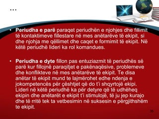 35
...
• Periudha e parë paraqet periudhën e njohjes dhe fillimit
të kontaktimeve fillestare në mes anëtarëve të ekipit, si
dhe njohja me qëllimet dhe caqet e formimit të ekipit. Në
këtë periudhë lideri ka rol komandues.
• Periudha e dyte fillon pas entuziazmit të periudhës së
parë kur fillojnë paraqitjet e pakënaqësive, problemeve
dhe konflikteve në mes anëtarëve të ekipit. Te disa
anëtar të ekipit mund te lajmërohet edhe ndenja e
jokompetencës për çështjet që do t’i shqyrtojë ekipi.
Lideri në këtë periudhë ka për detyre që të udhëheq
ekipin dhe anëtarët e ekipit t’i stimulojë, të ju jep kurajo
dhe të rritë tek ta vetbesimin në suksesin e përgjithshëm
te ekipit.
 