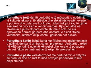 36
...
• Periudha e tretë është periudhë e të mësuarit, e ndërtimit
të kulturës ekipore, të aftësive dhe shkathtësive për kryerjen
e punëve dhe detyrave konkrete. Lideri i ekipit i kyç të gjithë
anëtaret në procesin e vendimmarrjes. Kjo periudhë në
zhvillimin e jetës ekipore është shumë e shkurtë kur
aprovohen normat grupore dhe anëtaret e ekipit fitojnë
vetëbesim, atëherë ekipi është i gatshëm për aksion.
• Periudha e katërt është koha kur fillohet me implementimin
e qëllimit derisa të arrihet caku i projektuar. Anëtarët e ekipit
në këtë periudhë ndiejnë kënaqësi dhe kurajo të posaçme
për vet faktin se janë anëtar të ekipit të suksesshëm.
• Periudha e pestë karakterizohet me përfundimin e detyrës
së pranuar dhe në rast te mos nevojës për detyra të reja
ekipi shuhet.
 