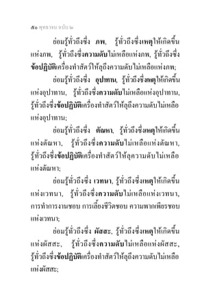 ๕๐ พุทธวจน ฉบับ ๒

              ยอมรูทั่วถึงซึ่ง ภพ, รูทั่วถึงซึ่งเหตุใหเกิดขึ้น
แหงภพ, รูทั่วถึงซึ่งความดับไมเหลือแหงภพ, รูทั่วถึงซึ่ง
ขอปฏิบตเิ ครื่องทําสัตวใหลุถึงความดับไมเหลือแหงภพ;
            ั
              ยอมรูทั่วถึงซึ่ง อุปาทาน, รูทั่วถึงซึ่งเหตุใหเกิดขึ้น
แหงอุปาทาน, รูทั่วถึงซึ่งความดับไมเหลือแหงอุปาทาน,
รูทั่วถึงซึ่งขอปฏิบัตเิ ครื่องทําสัตวใหลุถึงความดับไมเหลือ
แหงอุปาทาน;
              ยอมรูทั่วถึงซึ่ง ตัณหา, รูทั่วถึงซึ่งเหตุใหเกิดขึ้น
แห งตัณ หา, รู ทั่ว ถึง ซึ่ ง ความดับไม เ หลื อ แห งตั ณ หา,
รู ทั่วถึงซึ่งขอปฏิบตเิ ครื่องทําสั ตว ใ ห ลุค วามดับ ไมเ หลื อ
                          ั
แหงตัณหา;
              ยอมรูทั่วถึงซึ่ง เวทนา, รูทั่วถึงซึ่งเหตุใหเกิดขึ้น
แห ง เวทนา, รู ทั่ว ถึง ซึ่ ง ความดับไมเ หลือ แห ง เวทนา,
การทําการงานชอบ การเลี้ยงชีวิตชอบ ความพากเพียรชอบ
แหงเวทนา;
              ยอมรูทั่วถึงซึ่ง ผัสสะ, รูทั่วถึงซึ่งเหตุใหเกิดขึ้น
แห งผัส สะ, รูทั่ว ถึง ซึ่ง ความดั บไม เ หลือ แหงผัส สะ ,
รูทั่วถึงซึ่งขอปฏิบัตเิ ครื่องทําสัตวใหลุถึงความดับไมเหลือ
แหงผัสสะ;
 
