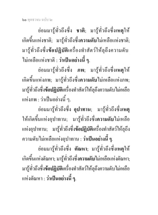 ๖๐ พุทธวจน ฉบับ ๒

             ยอมมารูทั่วถึงซึ่ง ชาติ; มารูทั่วถึงซึ่งเหตุใ ห
เกิดขึ้นแหงชาติ; มารูทั่วถึงซึ่งความดับไมเหลือแหงชาติ;
มารู ทั่ ว ถึ ง ซึ่ ง ข อ ปฏิ บั ติ เ ครื่ อ งทํา สั ต ว ใ ห ลุ ถึ ง ความดั บ
ไมเหลือแหงชาติ : วาเปนอยางนี้ ๆ.
             ยอมมารูทั่วถึงซึ่ง ภพ; มารูทั่วถึงซึ่งเหตุให
เกิดขึ้นแหงภพ; มารูทั่วถึงซึ่งความดับไมเหลือแหงภพ;
มารูทั่วถึงซึ่งขอปฏิบัตเิ ครื่องทําสัตวใหลุถึงความดับไมเหลือ
แหงภพ : วาเปนอยางนี้ ๆ.
             ยอมมารูทั่วถึงซึ่ง อุปาทาน; มารูทั่วถึงซึ่งเหตุ
ใหเกิดขึ้นแหงอุปาทาน; มารูทั่วถึงซึ่งความดับไมเหลือ
แหงอุปาทาน; มารูทั่วถึงซึ่งขอปฏิบัตเิ ครื่องทําสัตวใหลุถึง
ความดับไมเหลือแหงอุปาทาน : วาเปนอยางนี้ ๆ.
             ยอมมารูทั่วถึงซึ่ง ตัณหา; มารูทั่วถึงซึ่งเหตุให
เกิดขึ้นแหงตัณหา; มารูทั่วถึงซึ่งความดับไมเหลือแหงตัณหา;
มารูทั่วถึงซึ่งขอปฏิบัตเิ ครื่องทําสัตวใหลุถึงความดับไมเหลือ
แหงตัณหา : วาเปนอยางนี้ ๆ.
 