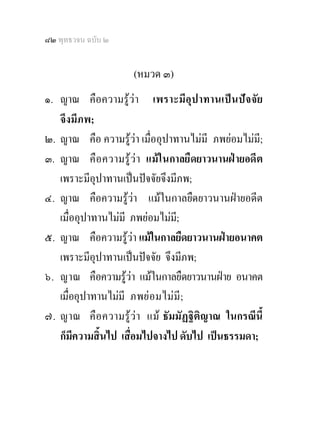 ๘๒ พุทธวจน ฉบับ ๒


                     (หมวด ๓)
๑. ญาณ คือความรูวา เพราะมีอุปาทานเปน ปจจัย
   จึงมีภพ;
๒. ญาณ คือ ความรูวา เมื่ออุปาทานไมมี ภพยอมไมมี;
๓. ญาณ คือความรู ว า แมใ นกาลยื ดยาวนานฝายอดีต
   เพราะมีอุปาทานเปนปจจัยจึงมีภพ;
๔. ญาณ คือความรูวา แมในกาลยืดยาวนานฝายอดีต
   เมื่ออุปาทานไมมี ภพยอมไมมี;
๕. ญาณ คือความรูวา แมในกาลยืดยาวนานฝายอนาคต
   เพราะมีอุปาทานเปนปจจัย จึงมีภพ;
๖. ญาณ คือความรูวา แมในกาลยืดยาวนานฝาย อนาคต
   เมื่ออุปาทานไมมี ภพยอ มไม มี ;
๗. ญาณ คือ ความรู ว า แม ธัมมัฏฐิติญาณ ในกรณีนี้
   ก็มีความสิ้นไป เสื่อมไปจางไป ดับไป เปนธรรมดา;
 