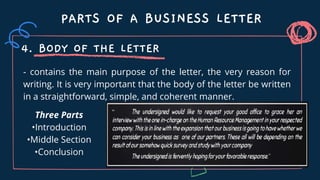 - contains the main purpose of the letter, the very reason for
writing. It is very important that the body of the letter be written
in a straightforward, simple, and coherent manner.
PARTS OF A BUSINESS LETTER
4. BODY OF THE LETTER
Three Parts
•Introduction
•Middle Section
•Conclusion
 