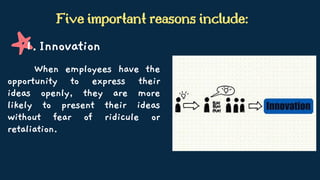When employees have the
opportunity to express their
ideas openly, they are more
likely to present their ideas
without fear of ridicule or
retaliation.
Five important reasons include:
Innovation
1.
 