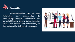2.Growth
Communication can be seen
internally and externally. By
associating yourself internally and
by establishing strong communication
lines, you ensure the consistency of
the externally delivered message.
 