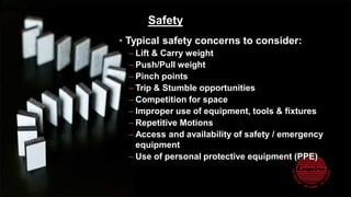 • Typical safety concerns to consider:
– Lift & Carry weight
– Push/Pull weight
– Pinch points
– Trip & Stumble opportunities
– Competition for space
– Improper use of equipment, tools & fixtures
– Repetitive Motions
– Access and availability of safety / emergency
equipment
– Use of personal protective equipment (PPE)
Safety
 