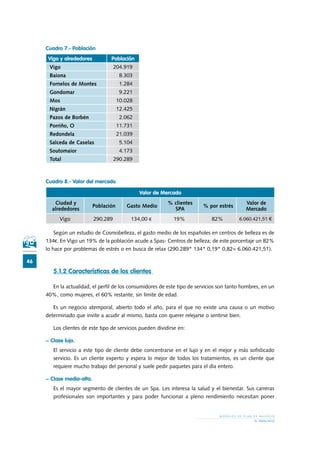 Cuadro 7.- Población
      Vigo y alrededores          Población
      Vigo                           204.919
      Baiona                            8.303
      Fornelos de Montes                1.284
      Gondomar                          9.221
      Mos                              10.028
      Nigrán                           12.425
      Pazos de Borbén                   2.062
      Porriño, O                       11.731
      Redondela                        21.039
      Salceda de Caselas                5.104
      Soutomaior                        4.173
      Total                          290.289



     Cuadro 8.- Valor del mercado

                                                Valor de Mercado
        Ciudad y                                           % clientes                        Valor de
                           Población      Gasto Medio                    % por estrés
       alrededores                                           SPA                             Mercado
           Vigo            290.289          134,00 €         19%             82%          6.060.421,51 €

         Según un estudio de Cosmobelleza, el gasto medio de los españoles en centros de belleza es de
     134€. En Vigo un 19% de la población acude a Spas- Centros de belleza; de este porcentaje un 82%
     lo hace por problemas de estrés o en busca de relax (290.289* 134* 0,19* 0,82= 6.060.421,51).

46
        5.1.2 Características de los clientes

       En la actualidad, el perfil de los consumidores de este tipo de servicios son tanto hombres, en un
     40%, como mujeres, el 60% restante, sin límite de edad.

        Es un negocio atemporal, abierto todo el año, para el que no existe una causa o un motivo
     determinado que invite a acudir al mismo, basta con querer relejarse o sentirse bien.

        Los clientes de este tipo de servicios pueden dividirse en:

     − Clase lujo.
        El servicio a este tipo de cliente debe concentrarse en el lujo y en el mejor y más sofisticado
        servicio. Es un cliente experto y espera lo mejor de todos los tratamientos, es un cliente que
        requiere mucho trabajo del personal y suele pedir paquetes para el día entero.

     − Clase media-alta.
        Es el mayor segmento de clientes de un Spa. Les interesa la salud y el bienestar. Sus carreras
        profesionales son importantes y para poder funcionar a pleno rendimiento necesitan poner


                                                                                 MODELOS DE PLAN DE NEGOCIO
                                                                                                 EL MERCADO
 