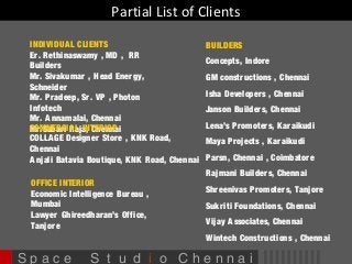Partial List of Clients 
INDIVIDUAL CLIENTS 
Er . Rethinaswamy , MD , RR 
Builders 
Mr . Sivakumar , Head Energy, 
Schneider 
Mr . Pradeep, Sr. VP , Photon 
Infotech 
Mr . Annamalai, Chennai 
Mr .Sabari COMMERC IARaLj aIN, TCEhReInOnRa i 
COLLAGE Designer Store , KNK Road, 
Chennai 
Anjali Batavia Boutique, KNK Road, Chennai 
BUILDERS 
Concepts, Indore 
GM constructions , Chennai 
Isha Developers , Chennai 
Janson Builders, Chennai 
Lena’s Promoters, Karaikudi 
Maya Projects , Karaikudi 
Parsn, Chennai , Coimbatore 
Rajmani Builders, Chennai 
Shreenivas Promoters, Tanjore 
Sukr iti Foundations, Chennai 
Vijay Associates, Chennai 
Wintech Constructions , Chennai 
OFFICE INTERIOR 
Economic Intelligence Bureau , 
Mumbai 
Lawyer Ghireedharan’s Office, 
Tanjore 
S p a c e S t u d i o C h e n n a i 
 