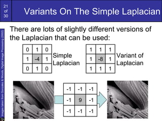 21
                                                             of
                                                             30
                                                                          Variants On The Simple Laplacian
                                                                      There are lots of slightly different versions of
Images taken from Gonzalez & Woods, Digital Image Processing (2002)




                                                                      the Laplacian that can be used:
                                                                           0   1    0                 1    1    1
                                                                                        Simple                      Variant of
                                                                           1   -4   1                 1    -8   1
                                                                                        Laplacian                   Laplacian
                                                                           0   1    0                 1    1    1


                                                                                            -1   -1   -1

                                                                                            -1   9    -1

                                                                                            -1   -1   -1
 
