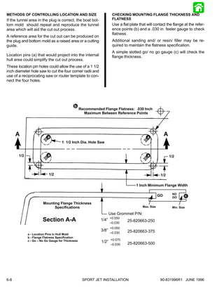 METHODS OF CONTROLLING LOCATION AND SIZE                             CHECKING MOUNTING FLANGE THICKNESS AND
If the tunnel area in the plug is correct, the boat bot-             FLATNESS
tom mold should repeat and reproduce the tunnel                      Use a flat plate that will contact the flange at the refer-
area which will aid the cut out process.                             ence points (b) and a .030 in. feeler gauge to check
                                                                     flatness.
A reference area for the cut out can be produced on
the plug and bottom mold as a raised area or a cutting               Additional sanding and/ or resin/ filler may be re-
guide.                                                               quired to maintain the flatness specification.
                                                                     A simple slotted go/ no go gauge (c) will check the
Location pins (a) that would project into the internal               flange thickness.
hull area could simplify the cut out process.
These location pin holes could allow the use of a 1 1/2
inch diameter hole saw to cut the four corner radii and
use of a reciprocating saw or router template to con-
nect the four holes.




                                            b
                                                  Recommended Flange Flatness: .030 Inch
                                                    Maximum Between Reference Points




      A                   a                                                                a
                                                                                                         A
                                    1 1/2 Inch Dia. Hole Saw


       1/2                a                                                                a                 1/2



                           1/2                                                                       1/2

                                                                                    1 Inch Minimum Flange Width

                                                                                                              NO
                                                                                                    GO        GO          c
                       Mounting Flange Thickness
                             Specifications                                             Max. Size             Min. Size

                                                                    Use Grommet P/N:
                                                                    +0.050
                       Section A-A                           1/4”
                                                                    –0.030
                                                                              25-820663-250
                                                                    +0.050
                                                             3/8”             25-820663-375
             a - Location Pins in Hull Mold                         –0.030
             b - Flange Flatness Specification
             c - Go – No Go Gauge for Thickness                     +0.070
                                                             1/2”             25-820663-500
                                                                    –0.030




6-8                                                SPORT JET INSTALLATION                            90-831996R1 JUNE 1996
 