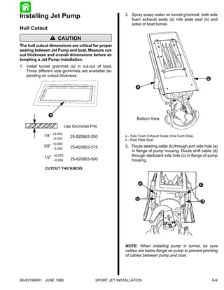 Installing Jet Pump                                      2. Spray soapy water on tunnel grommet, both side
                                                            foam exhaust seals (a) ride plate seal (b) and
                                                            sides of boat tunnel.
Hull Cutout
                    ! CAUTION
The hull cutout dimensions are critical for proper
sealing between Jet Pump and boat. Measure cut-
out thickness and overall dimensions before at-
tempting a Jet Pump installation.
1. Install tunnel grommet (a) in cut-out of boat.
   Three different size grommets are available de-
   pending on cutout thickness.
                                                                                                           b

                                                                a




                a
                                                                Bottom View
 ÀÀÀÀÀÀ
 ÀÀÀÀÀ
  À                          Use Grommet P/N:
 ÀÀÀÀÀÀ
 ÀÀÀÀÀ
  À
                    +0.050
             1/4”               25-820663-250            a - Side Foam Exhaust Seals (One Each Side)
                    –0.030                               b - Ride Plate Seal
                    +0.050
             3/8”               25-820663-375            3. Route steering cable (b) through port side hole (a)
                    –0.030
                                                            in flange of pump housing. Route shift cable (d)
             1/2”
                    +0.070                                  through starboard side hole (c) in flange of pump
                    –0.030      25-820663-500               housing.

             CUTOUT THICKNESS



                                                                    a                                  c


                                                               b
                                                                                                       d




                                                         NOTE: When installing pump in tunnel, be sure
                                                         cables are below flange on pump to prevent pinching
                                                         of cables between pump and boat.




90-831996R1 JUNE 1996                      SPORT JET INSTALLATION                                              6-9
 