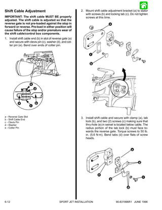 Shift Cable Adjustment                                       2. Mount shift cable adjustment bracket (a) to stator
                                                                with screws (b) and locking tab (c). Do not tighten
IMPORTANT: The shift cable MUST BE properly                     screws at this time.
adjusted. The shift cable is adjusted so that the
reverse gate is not pre-loaded against the stop in                                 a
forward or reverse. Pre-load in either position will
cause failure of the stop and/or premature wear of
the shift cable/control box components.
1. Install shift cable end (b) in slot of reverse gate (a)
   and secure with clevis pin (c), washer (d), and cot-
   ter pin (e). Bend over ends of cotter pin.


                                                                    c


                                                                    b




                            e
                                d



                a               b
                            c


a   -   Reverse Gate Slot
                                                             3. Install shift cable and secure with clamp (a), tab
b   -   Shift Cable End
c   -   Clevis Pin                                              lock (b), and two (2) screws (c) making sure that
d   -   Washer                                                  thru-hole (e) in swivel is located below cable. The
e   -   Cotter Pin                                              radius portion of the tab lock (b) must face to-
                                                                wards the reverse gate. Torque screws to 50 lb.
                                                                in. (5.6 N·m). Bend tabs (d) over flats of screw
                                                                heads.


                                                                                                      a



                                                                                                           d



                                                                          e
                                                                                                               c
                                                                                    b

                                                                                                  d



6-12                                           SPORT JET INSTALLATION                    90-831996R1 JUNE 1996
 