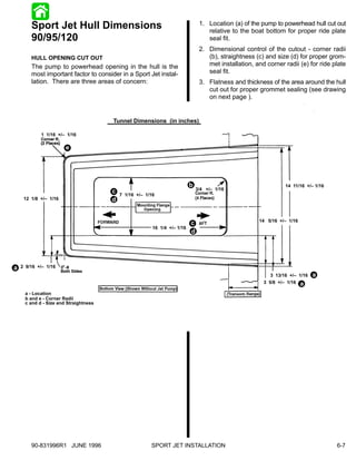 Sport Jet Hull Dimensions                                               1. Location (a) of the pump to powerhead hull cut out
                                                                                   relative to the boat bottom for proper ride plate
        90/95/120                                                                  seal fit.
                                                                                2. Dimensional control of the cutout - corner radii
        HULL OPENING CUT OUT                                                       (b), straightness (c) and size (d) for proper grom-
        The pump to powerhead opening in the hull is the                           met installation, and corner radii (e) for ride plate
        most important factor to consider in a Sport Jet instal-                   seal fit.
        lation. There are three areas of concern:                               3. Flatness and thickness of the area around the hull
                                                                                   cut out for proper grommet sealing (see drawing
                                                                                   on next page ).


                                       Tunnel Dimensions (in inches)

            1 1/16 +/– 1/16

                       e




                                                                           b                                     14 11/16 +/– 1/16
                                                                               3/4 +/– 1/16
                                       c   7 1/16 +/– 1/16
     12 1/8 +/– 1/16                   d


                                                                                                      14 5/16 +/– 1/16
                                                                           c
                                                         16 1/4 +/– 1/16
                                                                           d




a   2 9/16 +/– 1/16
                                                                                                           3 13/16 +/– 1/16   a
                                                                                                        3 5/8 +/– 1/16 a

     a - Location
     b and e - Corner Radii
     c and d - Size and Straightness




        90-831996R1 JUNE 1996                           SPORT JET INSTALLATION                                                       6-7
 